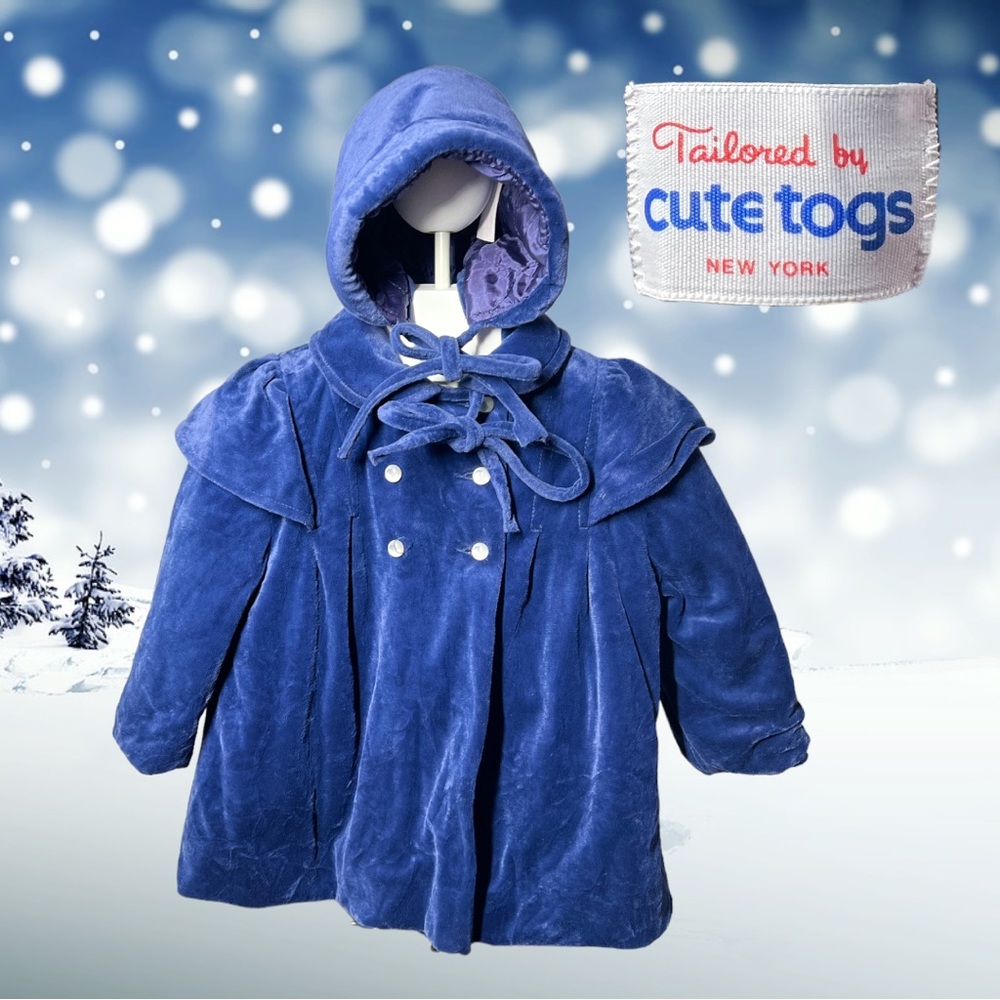 Vintage Navy Blue Velour Cute Togs Peacoat & Matching Bonnet Sz 18 months